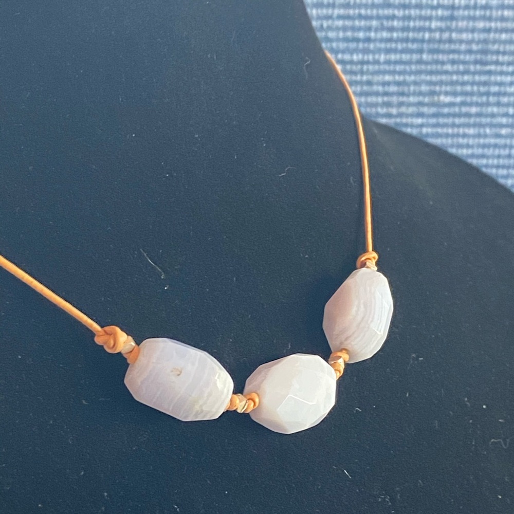 Necklace - 3 Periwinkle Blue Stones on Tan Cord